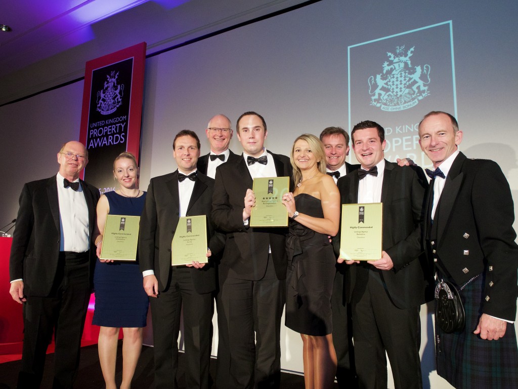 The Chancellors team pictured with Earl of Caithness (left), Chairman of the judging panel and Stuart Shield (right), Chairman, International Property Awards